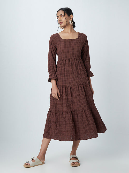 LOV Dark Brown Self-Patterned Tiered Dress