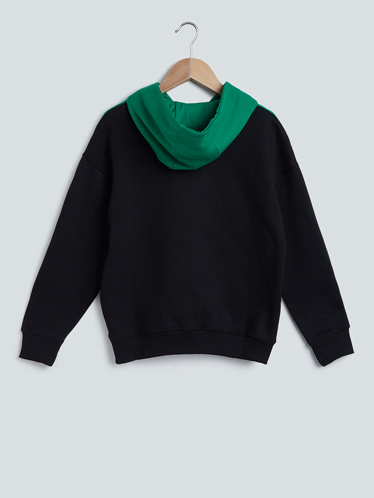 Y&F Kids Green Colour-Block Hooded Sweatshirt