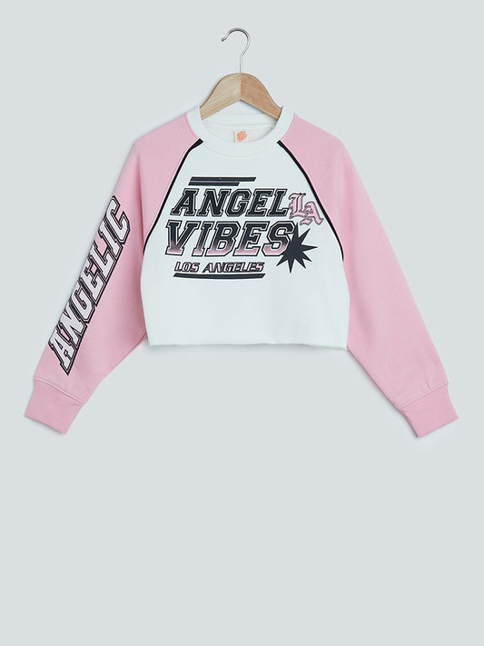 Y&F Kids Pink Text-Printed Colour-Block Sweatshirt