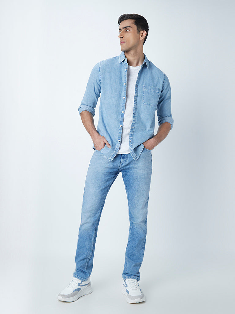 WES Casuals Blue Faded Wash Slim-Fit Jeans