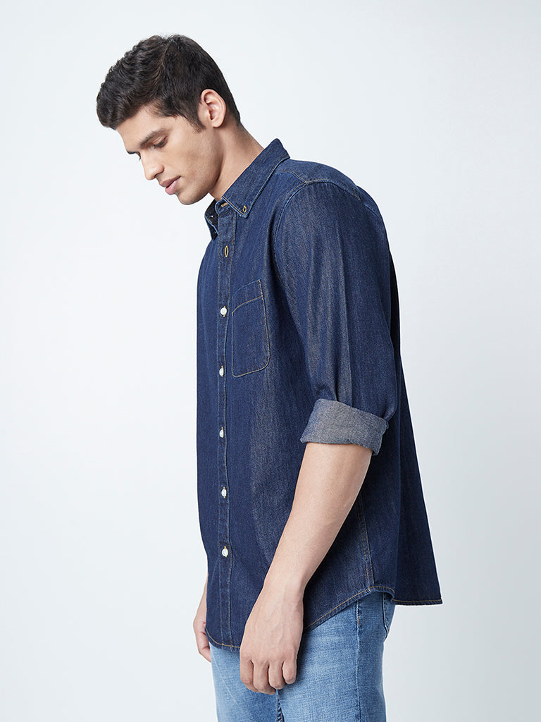 WES Casuals Dark Blue Relaxed Fit Denim Shirt