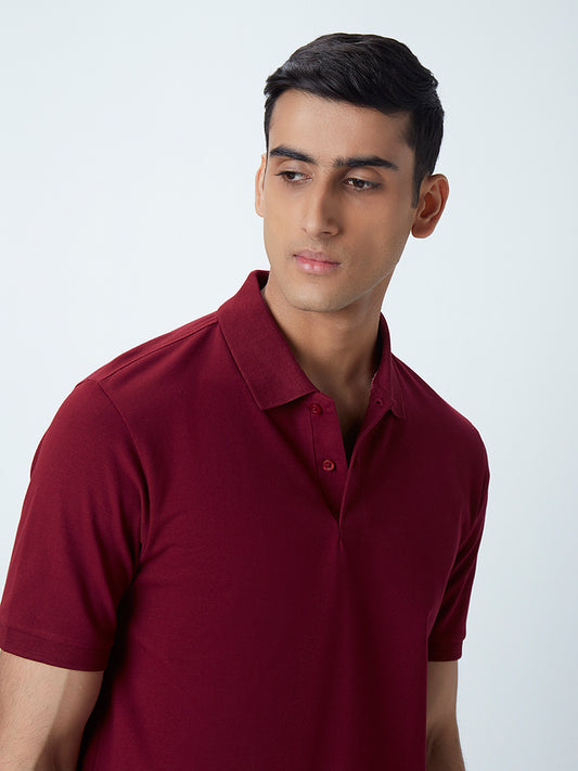 WES Casuals Maroon Cotton Blend Relaxed-Fit Polo T-Shirt