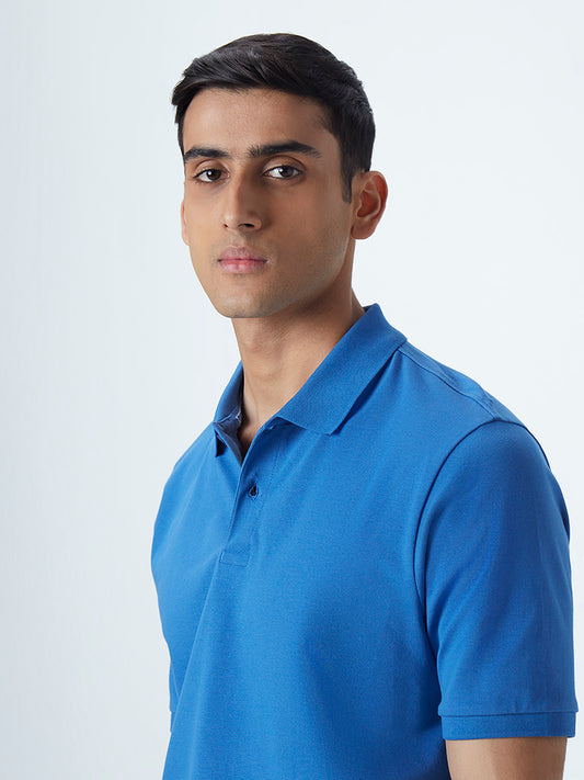 WES Casuals Blue Cotton Blend Relaxed-Fit Polo T-Shirt