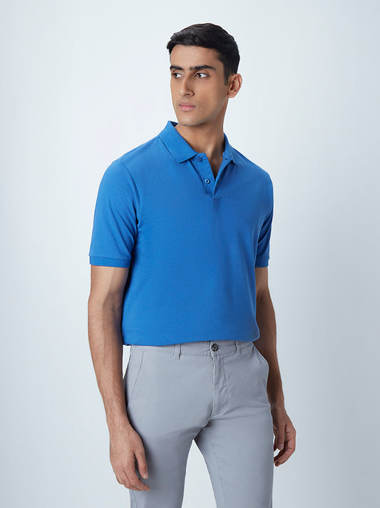 WES Casuals Blue Cotton Blend Relaxed-Fit Polo T-Shirt