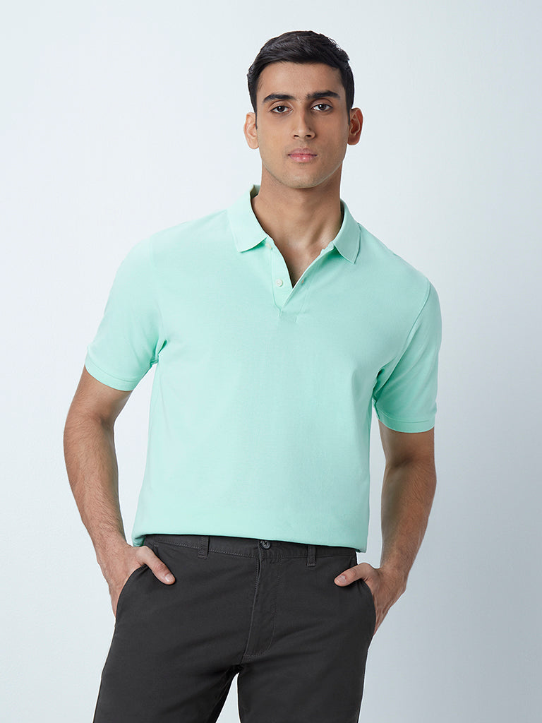WES Casuals Light Mint Cotton Blend Relaxed-Fit Polo T-Shirt