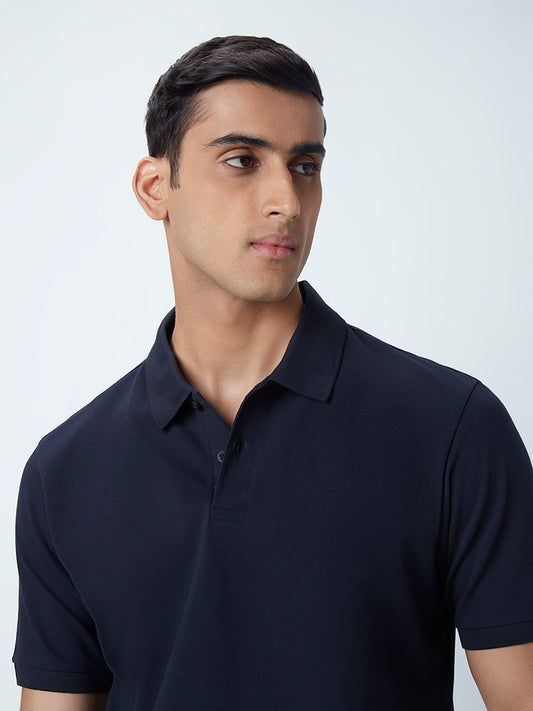 WES Casuals Navy Cotton Blend Relaxed-Fit Polo T-Shirt