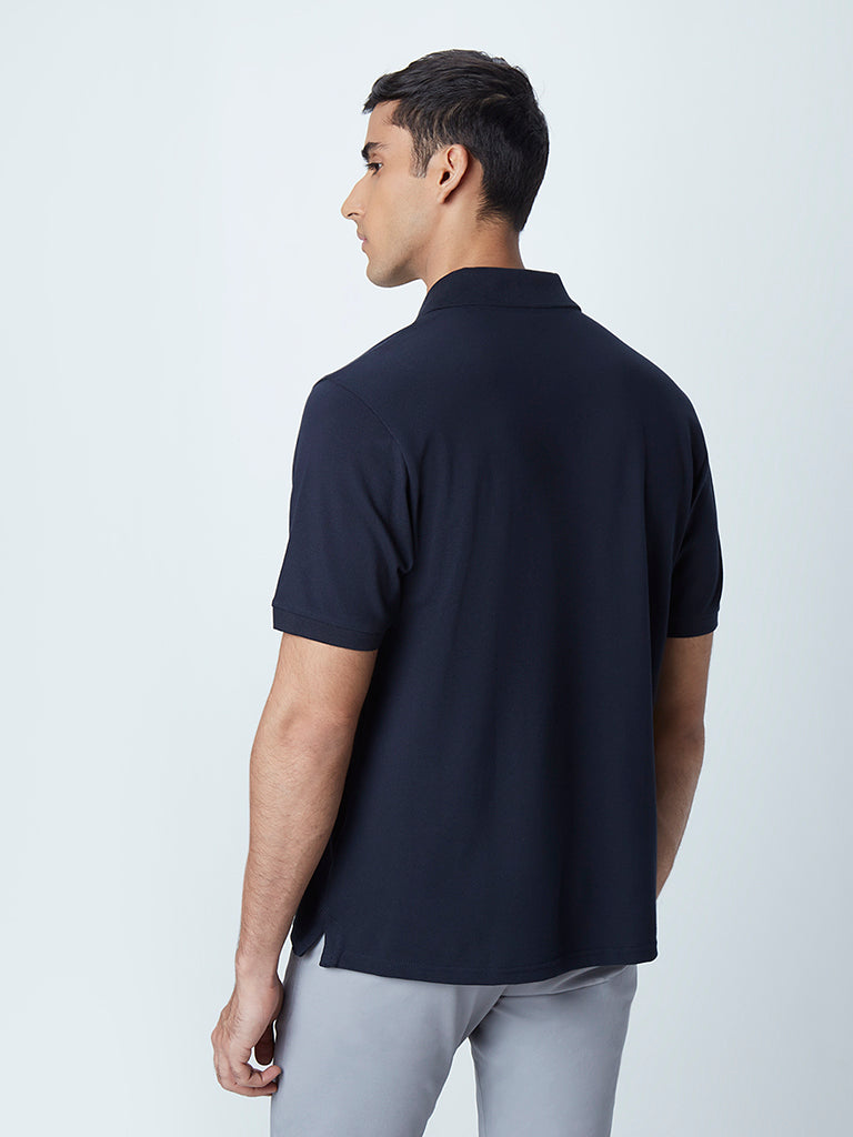 WES Casuals Navy Cotton Blend Relaxed-Fit Polo T-Shirt