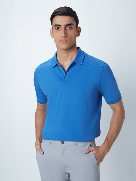 WES Casuals Blue Cotton Blend Slim-Fit Polo T-Shirt