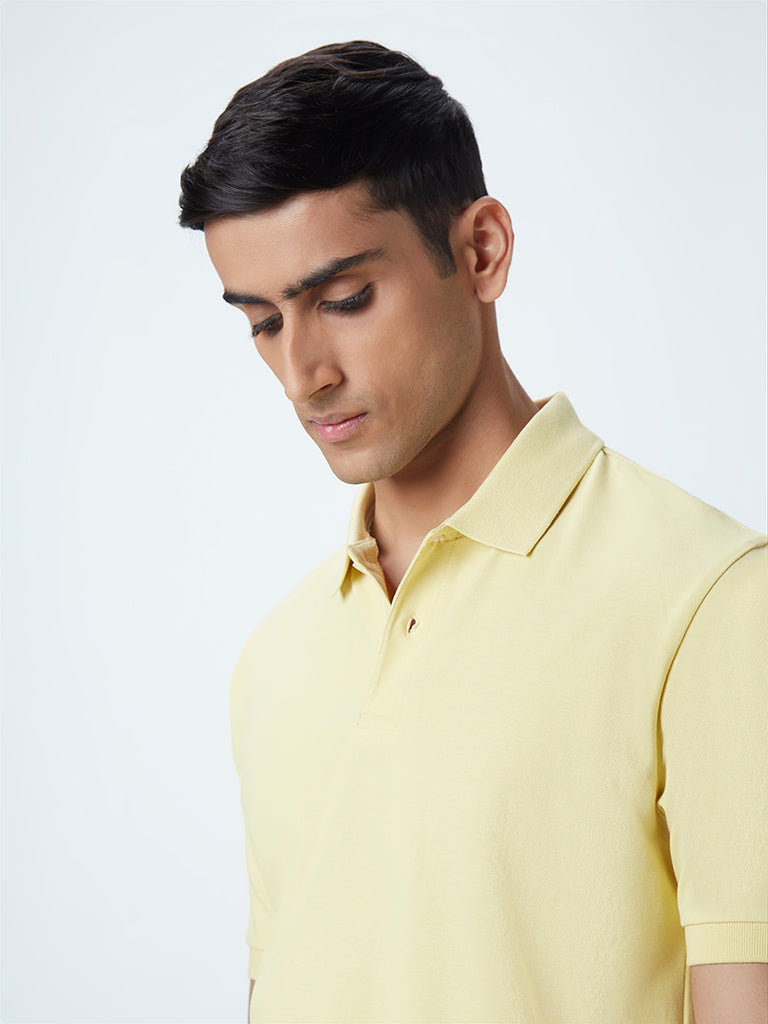 WES Casuals Yellow Cotton Blend Slim-Fit Polo T-Shirt