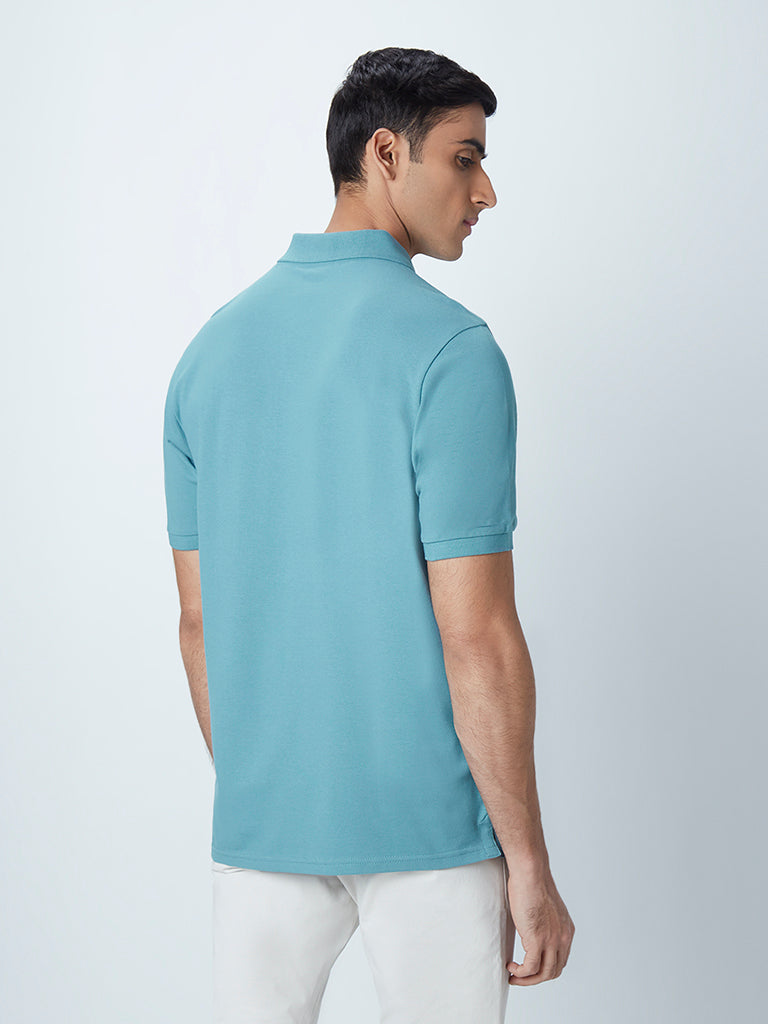 WES Casuals Light Teal Cotton Blend Slim-Fit Polo T-Shirt