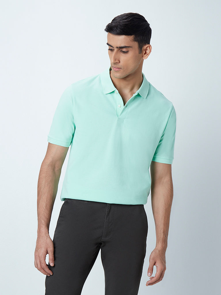 WES Casuals Light Mint Cotton Blend Slim-Fit Polo T-Shirt