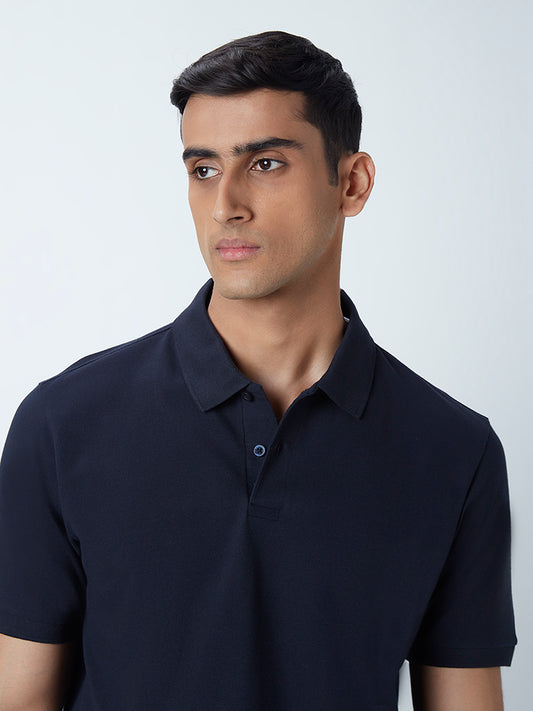 WES Casuals Navy Cotton Blend Slim-Fit Polo T-Shirt