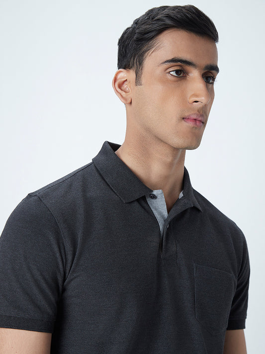 WES Casuals Dark Grey Cotton Blend Slim-Fit Polo T-Shirt