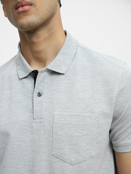 WES Casuals Grey Melange Cotton Blend Slim Fit Polo T-Shirt
