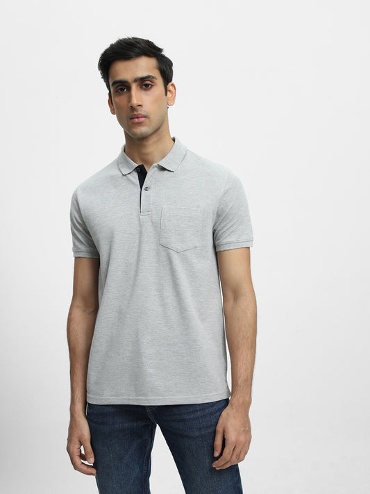 WES Casuals Grey Melange Cotton Blend Slim-Fit Polo T-Shirt