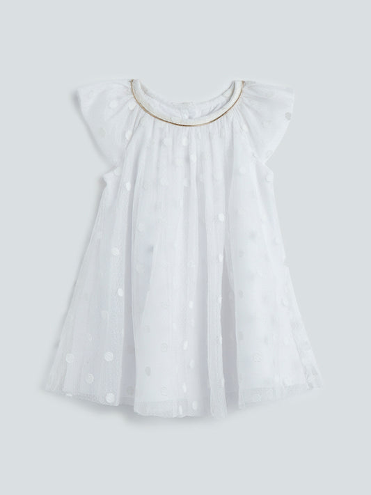 HOP Baby White Dotted Mesh Overlay Dress
