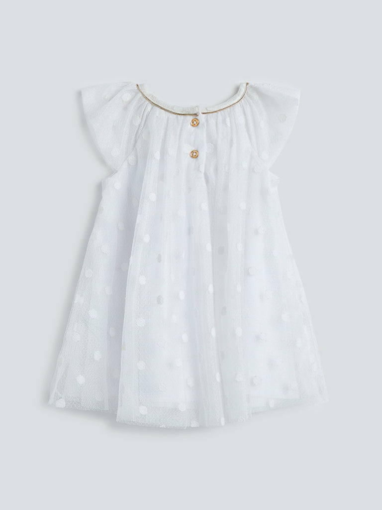 HOP Baby White Dotted Mesh Overlay Dress