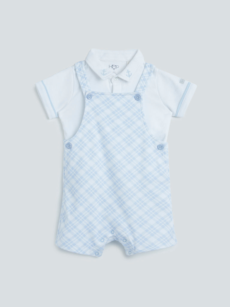 HOP Baby Blue Shirt And Check Print Dungaree Set