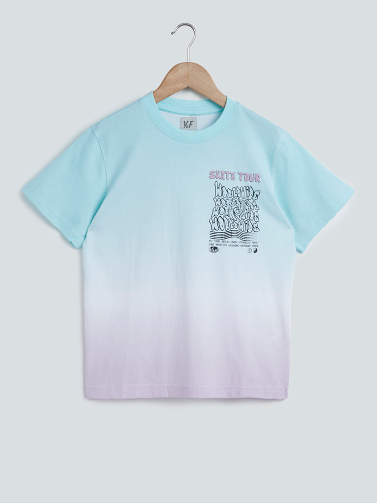 Y&F Kids Light Blue Text-Patterned T-Shirt