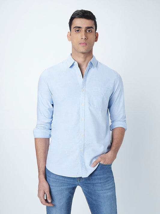 WES Casuals Light Blue Cotton Slim-Fit Shirt
