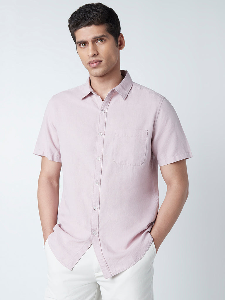 WES Casuals Pink Slim Fit Blended Linen Shirt