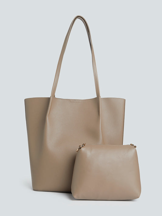 LOV Taupe Tote Bag With Pouch