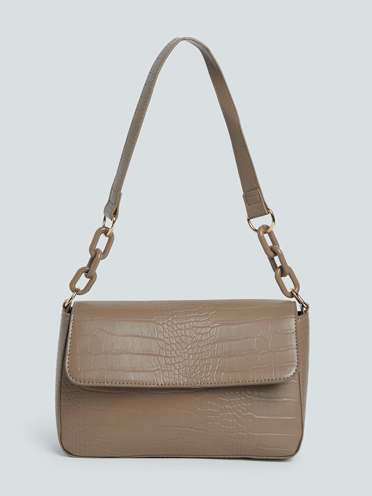 LOV Taupe Croc-Textured Shoulder Bag