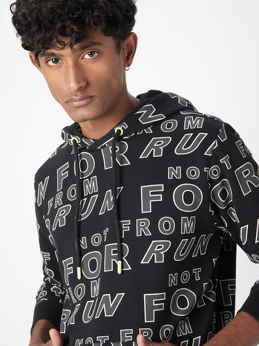 Studiofit Black Text-Printed Cotton Hooded Sweatshirt