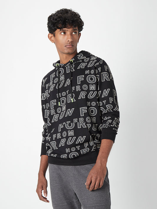 Studiofit Black Text-Printed Cotton Hooded Sweatshirt
