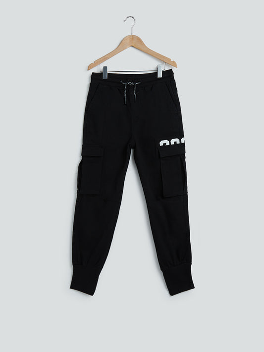 Y&F Kids Black Printed Cargo-Style Joggers