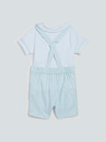 HOP Baby Aqua Striped Dungaree And T-Shirt Set