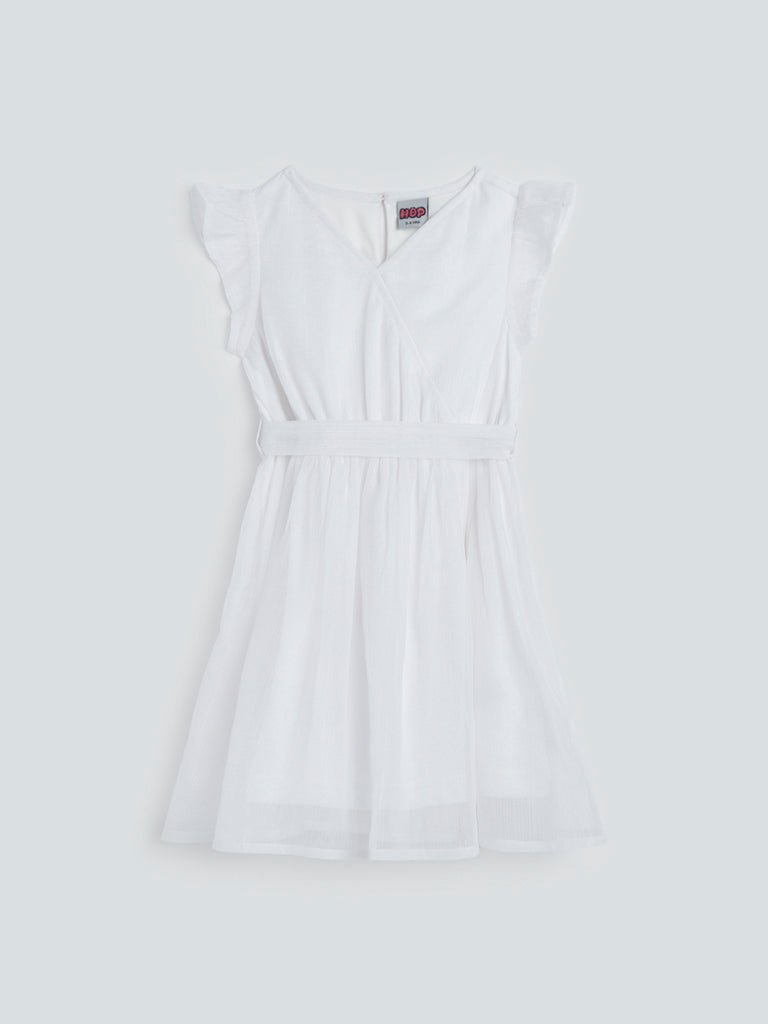 HOP Kids White Self-Striped Dress with Belt