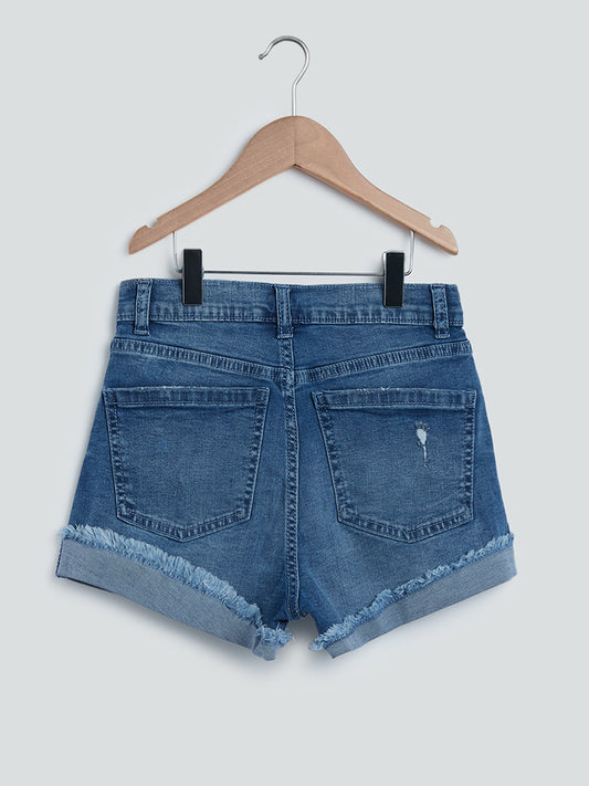 Y&F Kids Blue Ripped-Detail Shorts