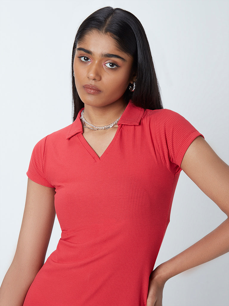 Nuon Red Polo Neck Ribbed Dress