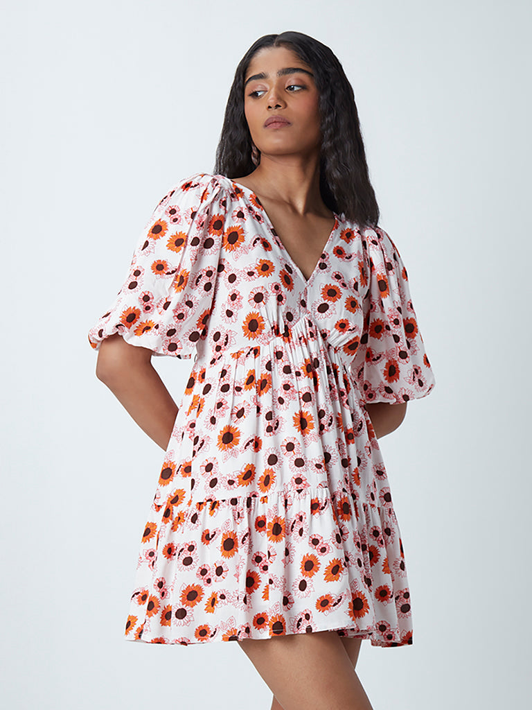 Nuon White Floral-Print Tiered Dress