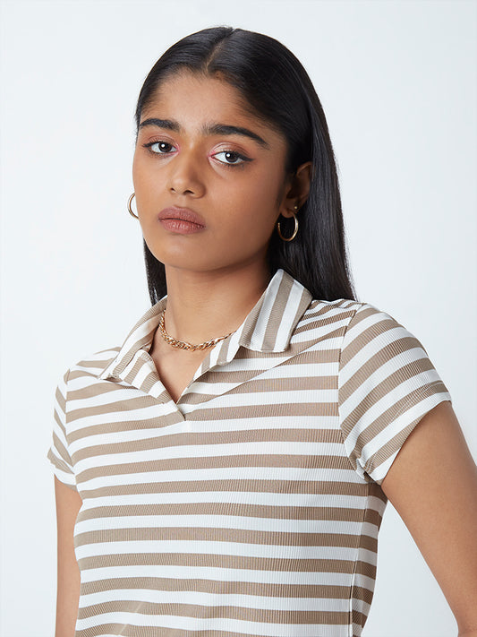 Nuon Taupe Striped Polo-Neck T-Shirt