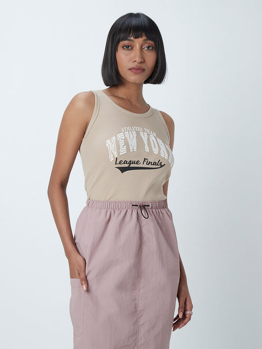 Nuon Light Brown Text-Patterned Top