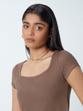 Nuon Dark Taupe Ribbed Crop Top
