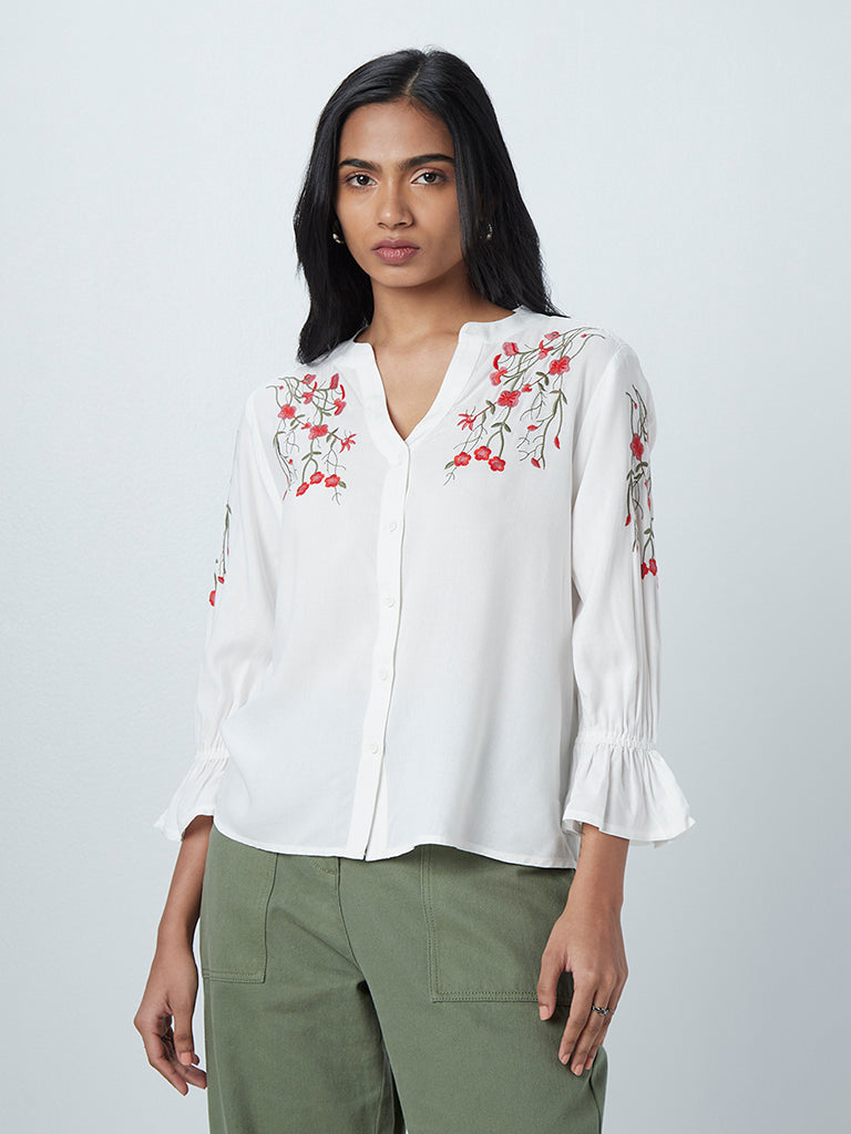 LOV White Floral Embroidered High-Low Blouse