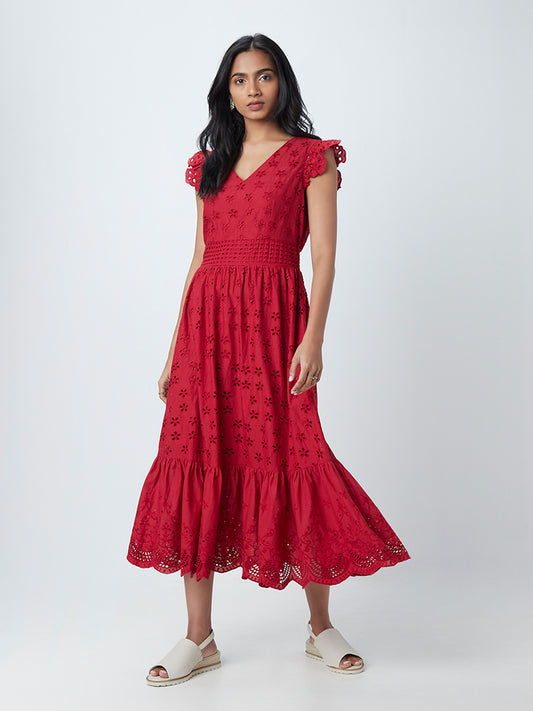 LOV Red Schiffli Tiered Dress
