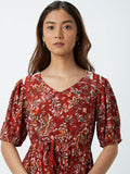 LOV Brown Printed Tiered Dress