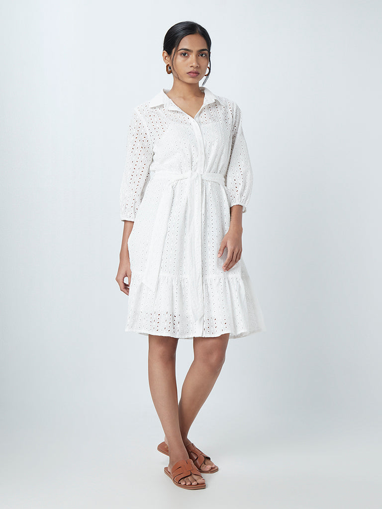 LOV White Schiffli Design Shirtdress With Belt