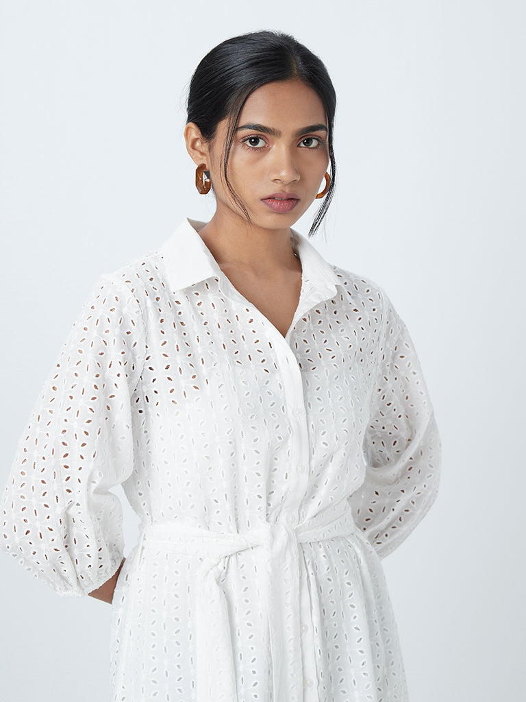 LOV White Schiffli Design Shirtdress With Belt