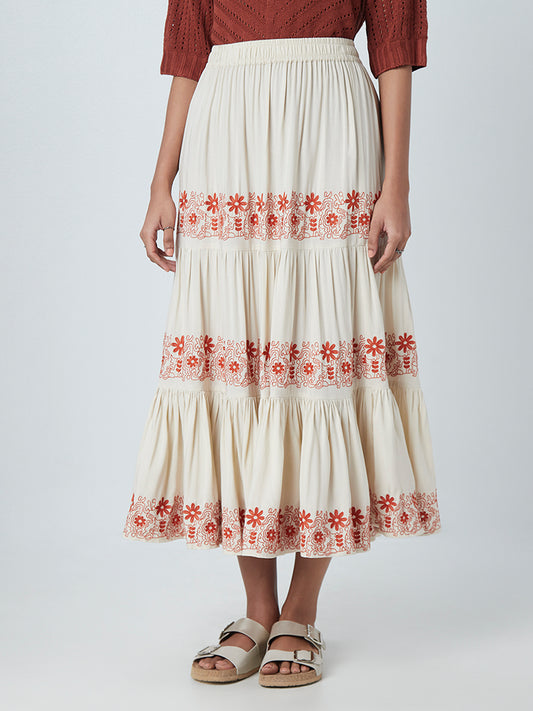 LOV Ecru Flower Patterned Skirt