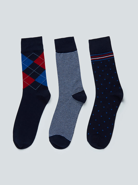 WES Lounge Navy Printed Socks Set Of Three