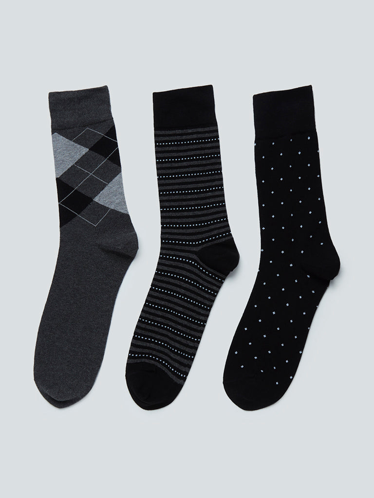 WES Lounge Black Printed Socks Set Of Three