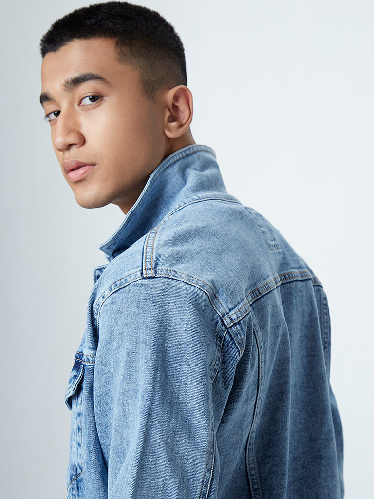 Nuon Light Blue Acid-Wash Slim-Fit Denim Jacket