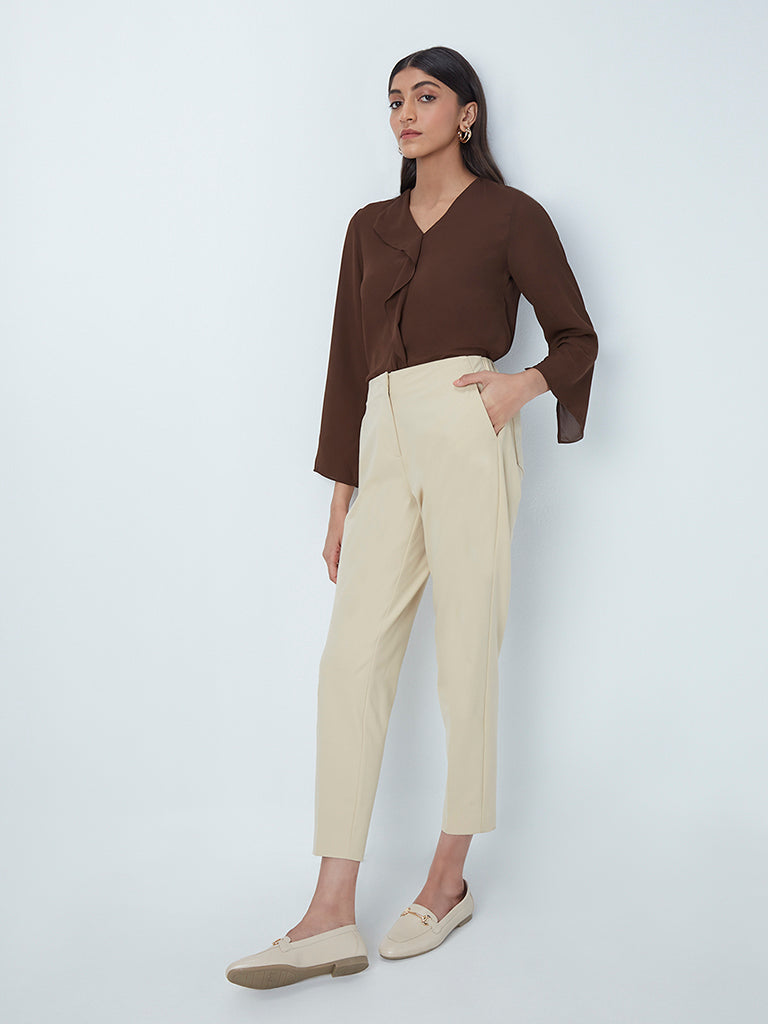 Urban Threads linen blend wide leg trousers coord in chocolate brown  ASOS