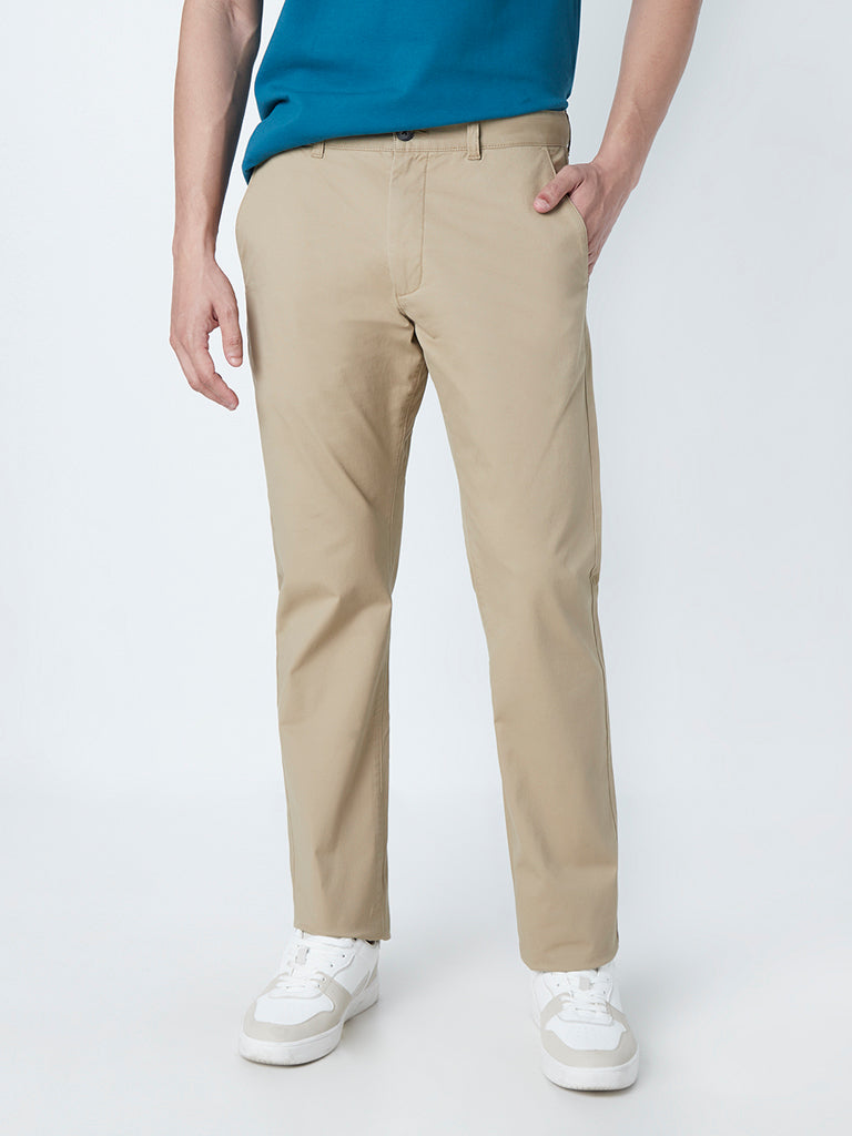 WES Casuals Tan Cotton Blend Relaxed-Fit Chinos