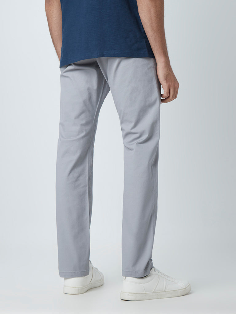 WES Casuals Grey Cotton Blend Relaxed-Fit Chinos